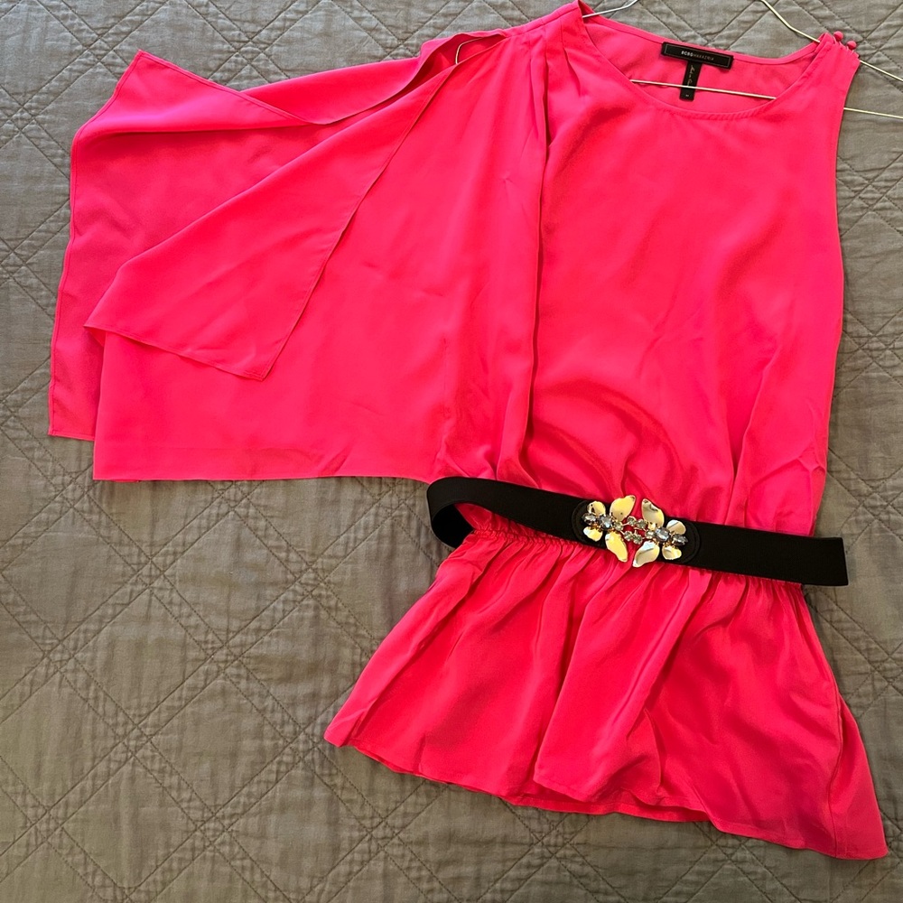 BCBG max azria silk one shoulder blouse with belt.